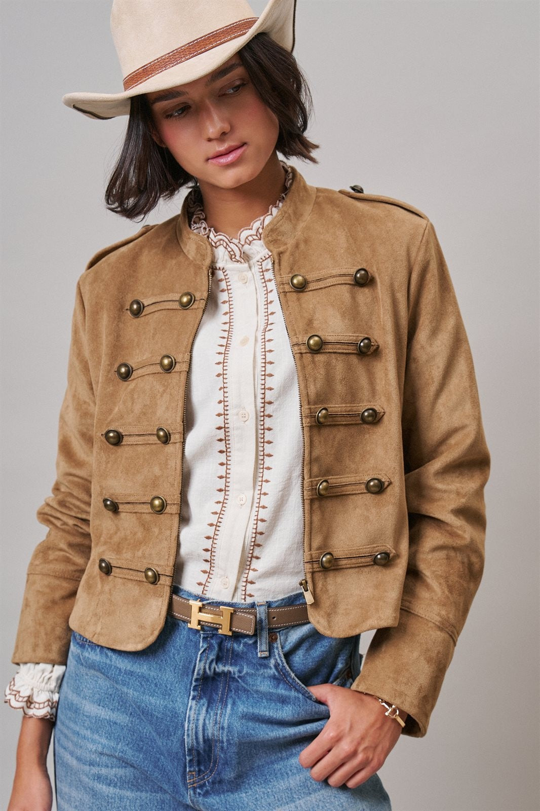 Napoleon Double-Breasted Faux Suede Jacket in Camel - Women's Jackets & Blazers | Urban Daizy