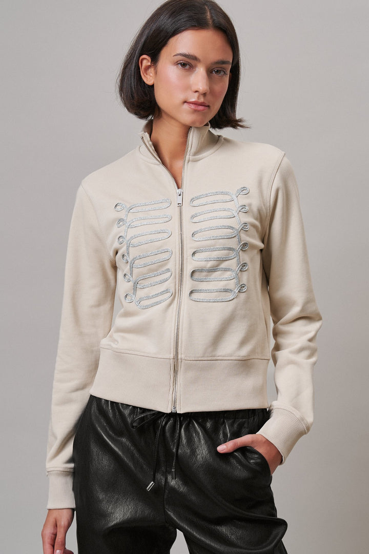 Military Band Glitter Trim Zip-Up Sweatshirt Jacket in Khaki - Women's Jackets & Blazers | Urban Daizy