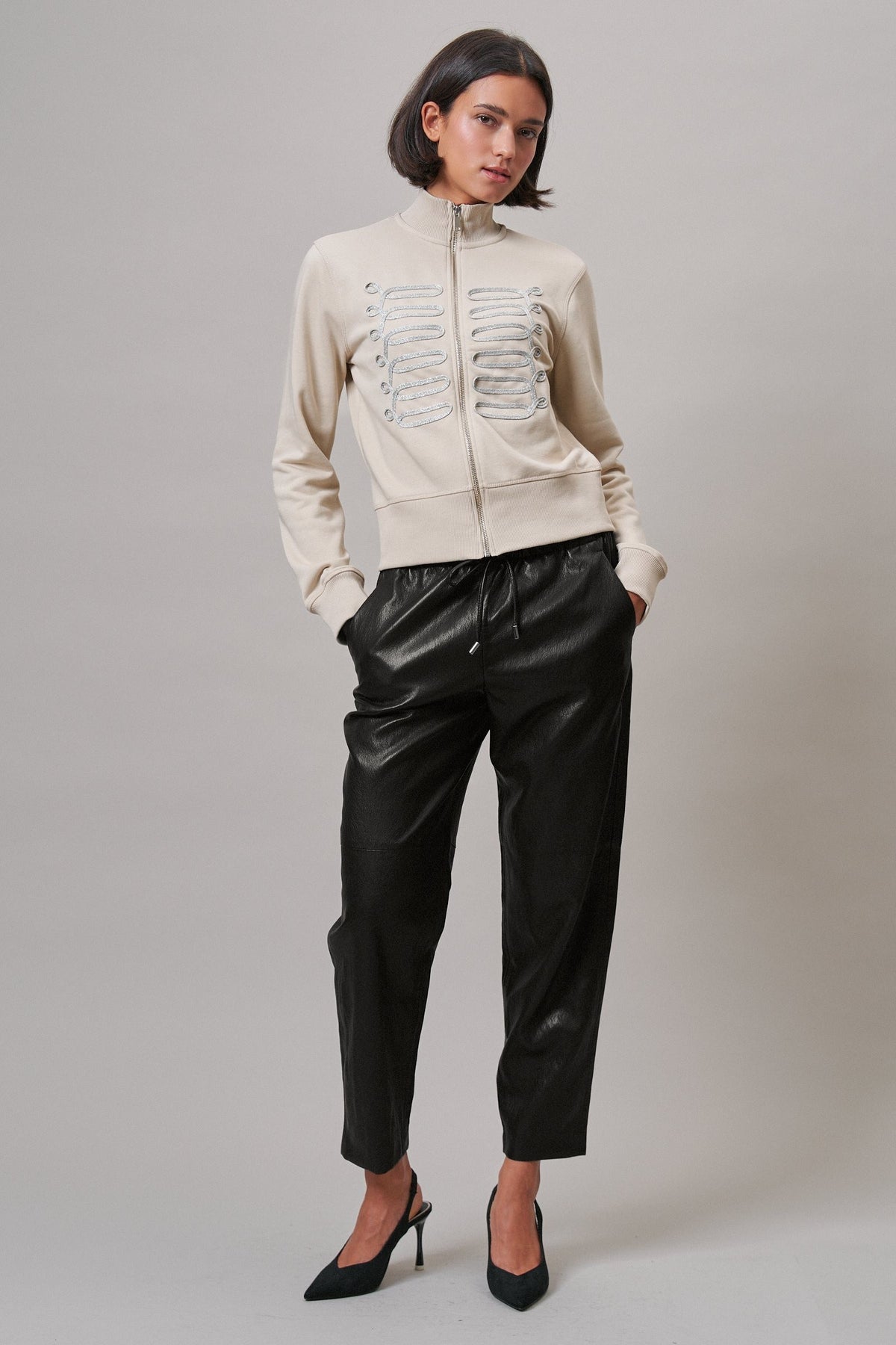 Military Band Glitter Trim Zip-Up Sweatshirt Jacket in Khaki - Women's Jackets & Blazers | Urban Daizy