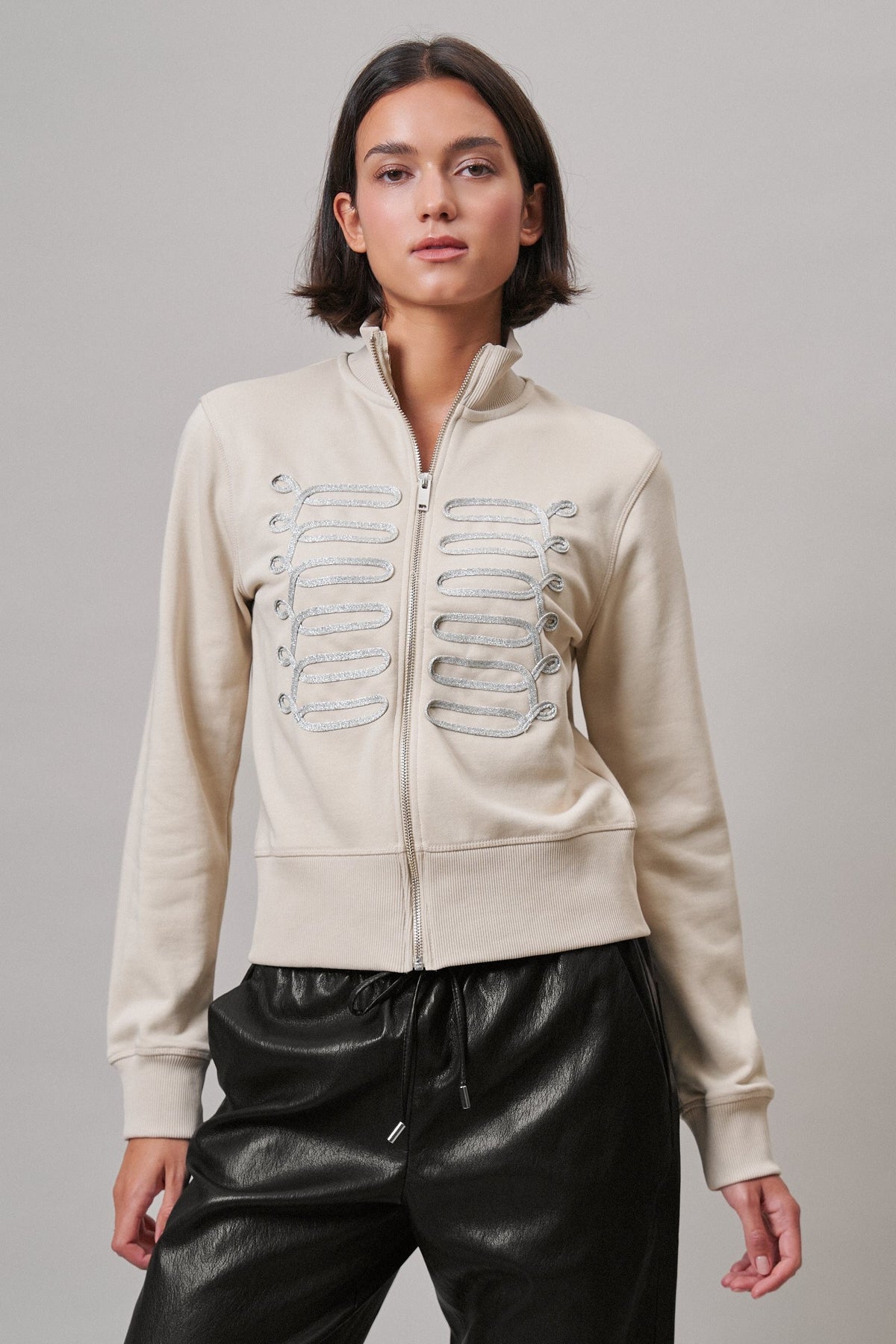 Military Band Glitter Trim Zip-Up Sweatshirt Jacket in Khaki - Women's Jackets & Blazers | Urban Daizy