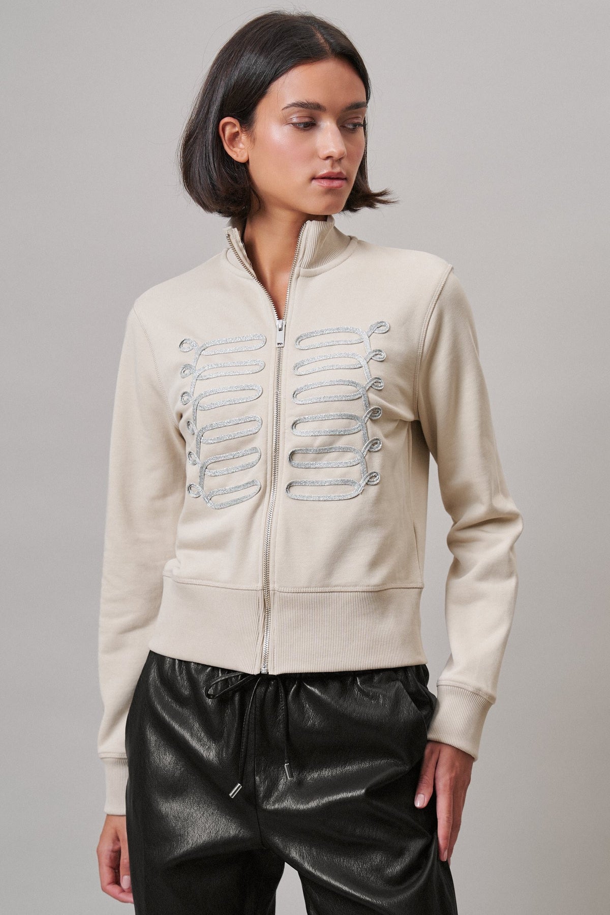 Military Band Glitter Trim Zip-Up Sweatshirt Jacket in Khaki - Women's Jackets & Blazers | Urban Daizy