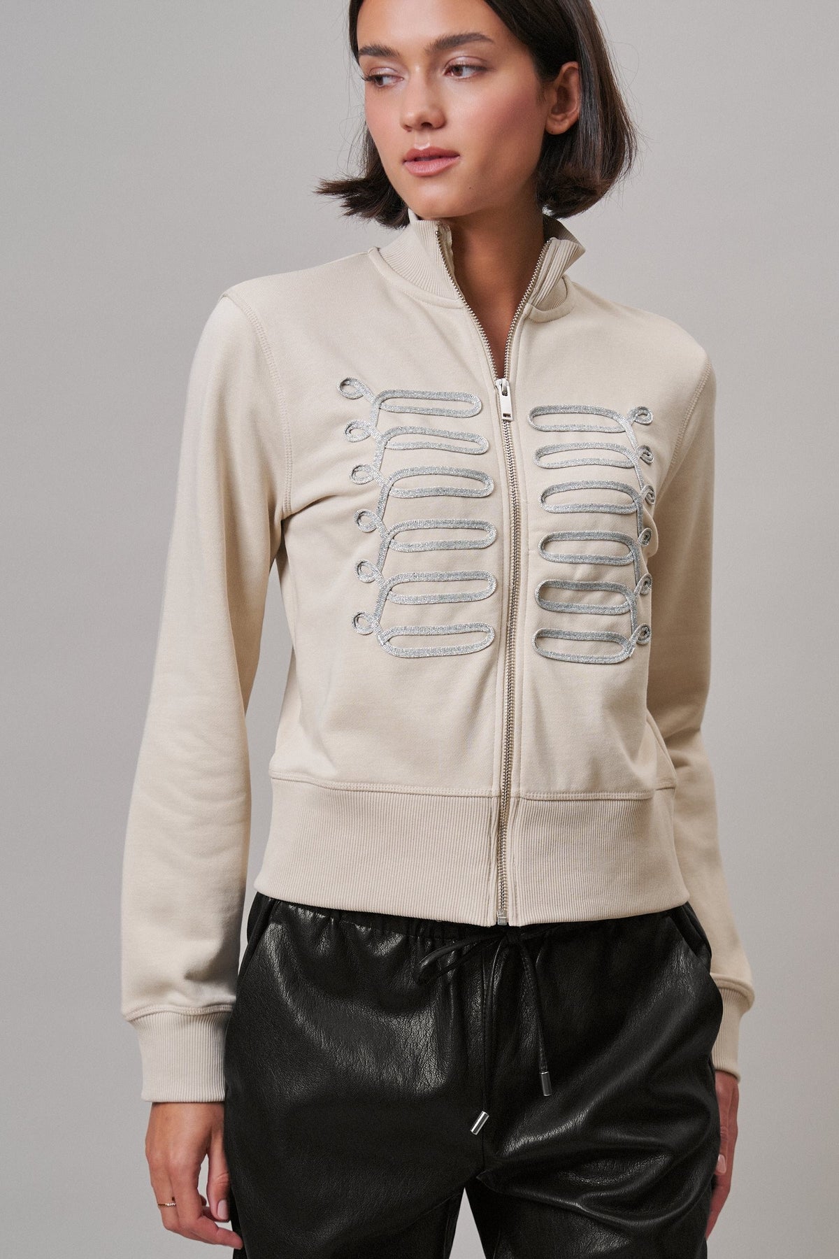 Military Band Glitter Trim Zip-Up Sweatshirt Jacket in Khaki - Women's Jackets & Blazers | Urban Daizy
