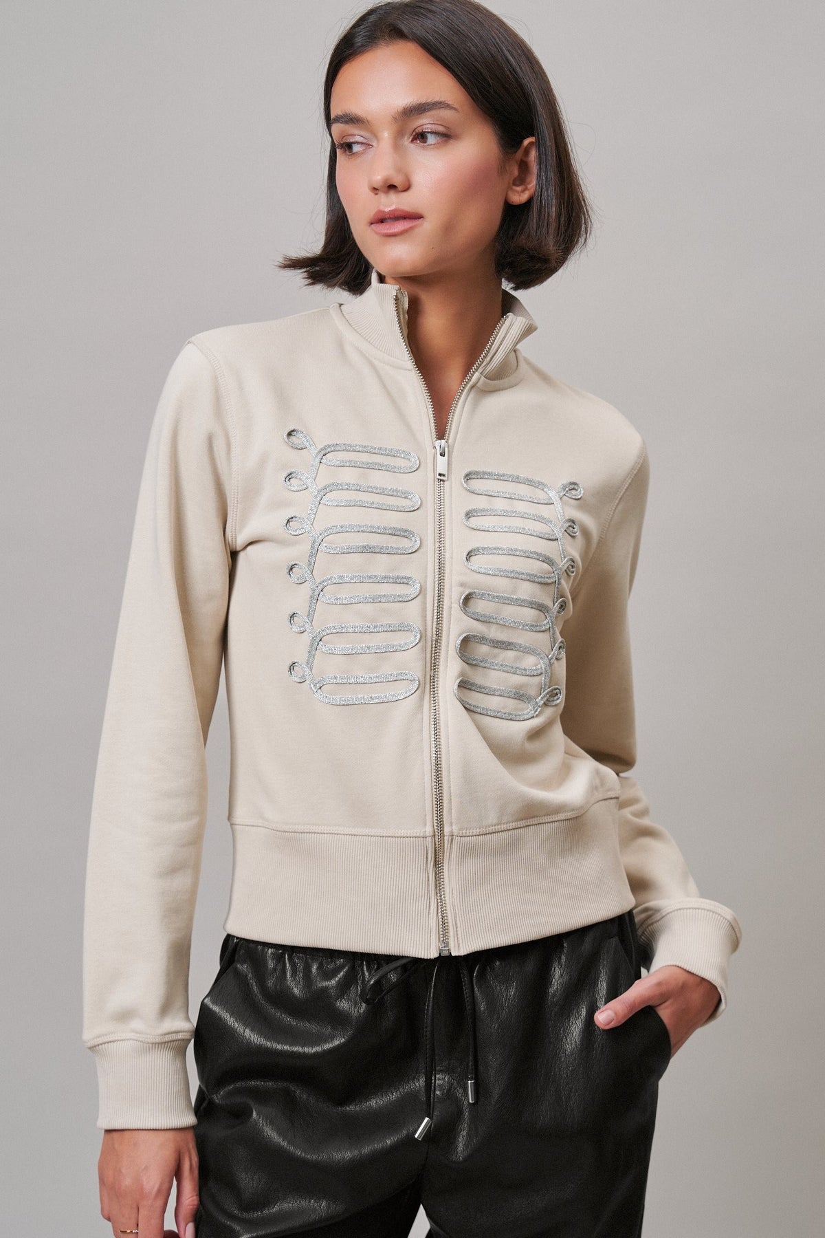 Military Band Glitter Trim Zip-Up Sweatshirt Jacket in Khaki - Women's Jackets & Blazers | Urban Daizy