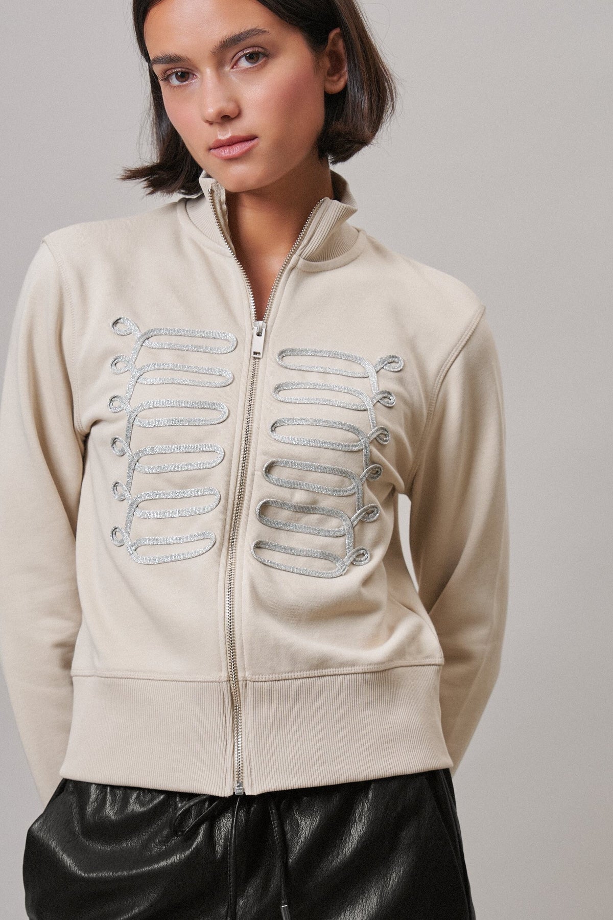 Military Band Glitter Trim Zip-Up Sweatshirt Jacket in Khaki - Women's Jackets & Blazers | Urban Daizy
