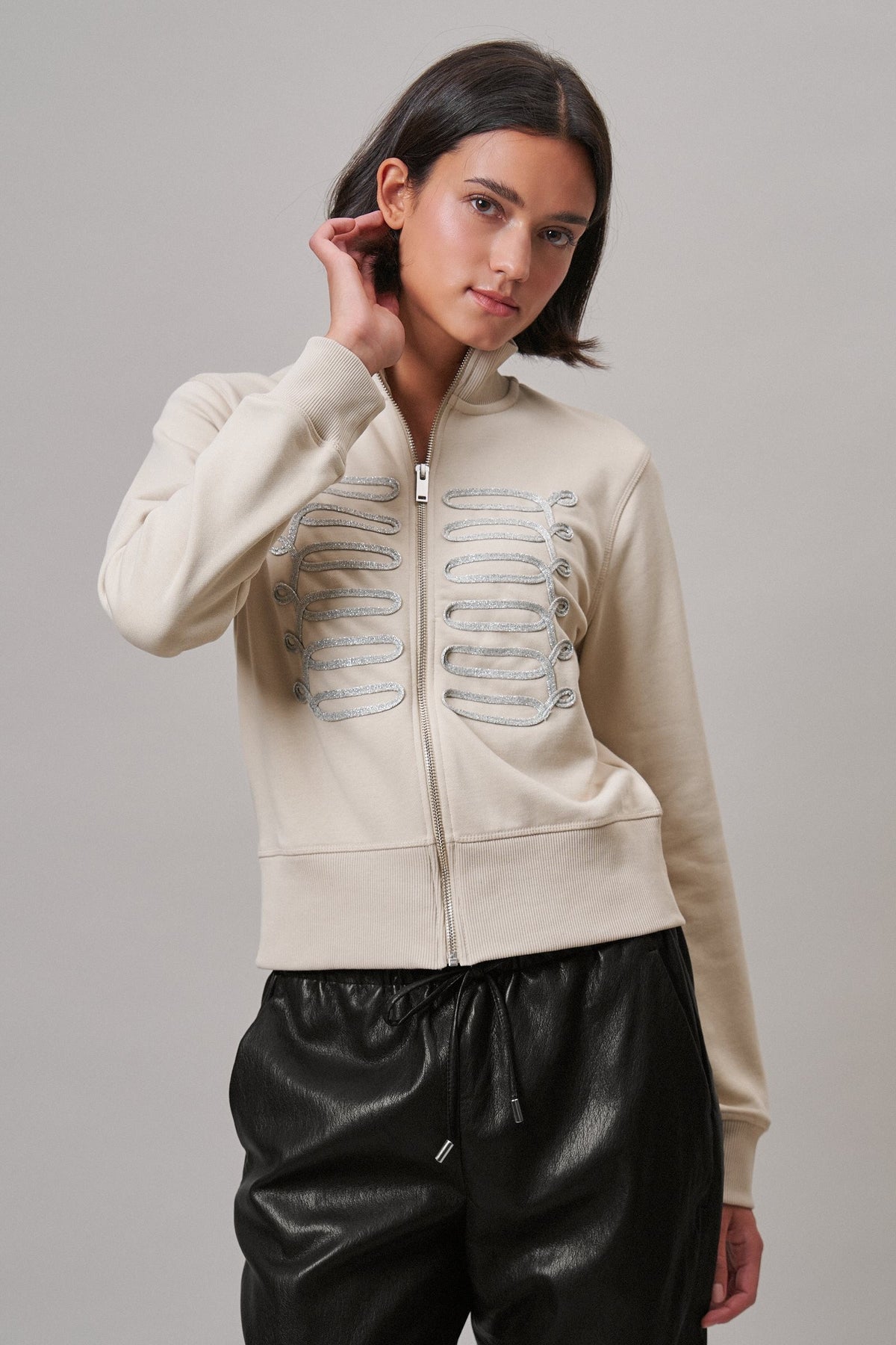 Military Band Glitter Trim Zip-Up Sweatshirt Jacket in Khaki - Women's Jackets & Blazers | Urban Daizy