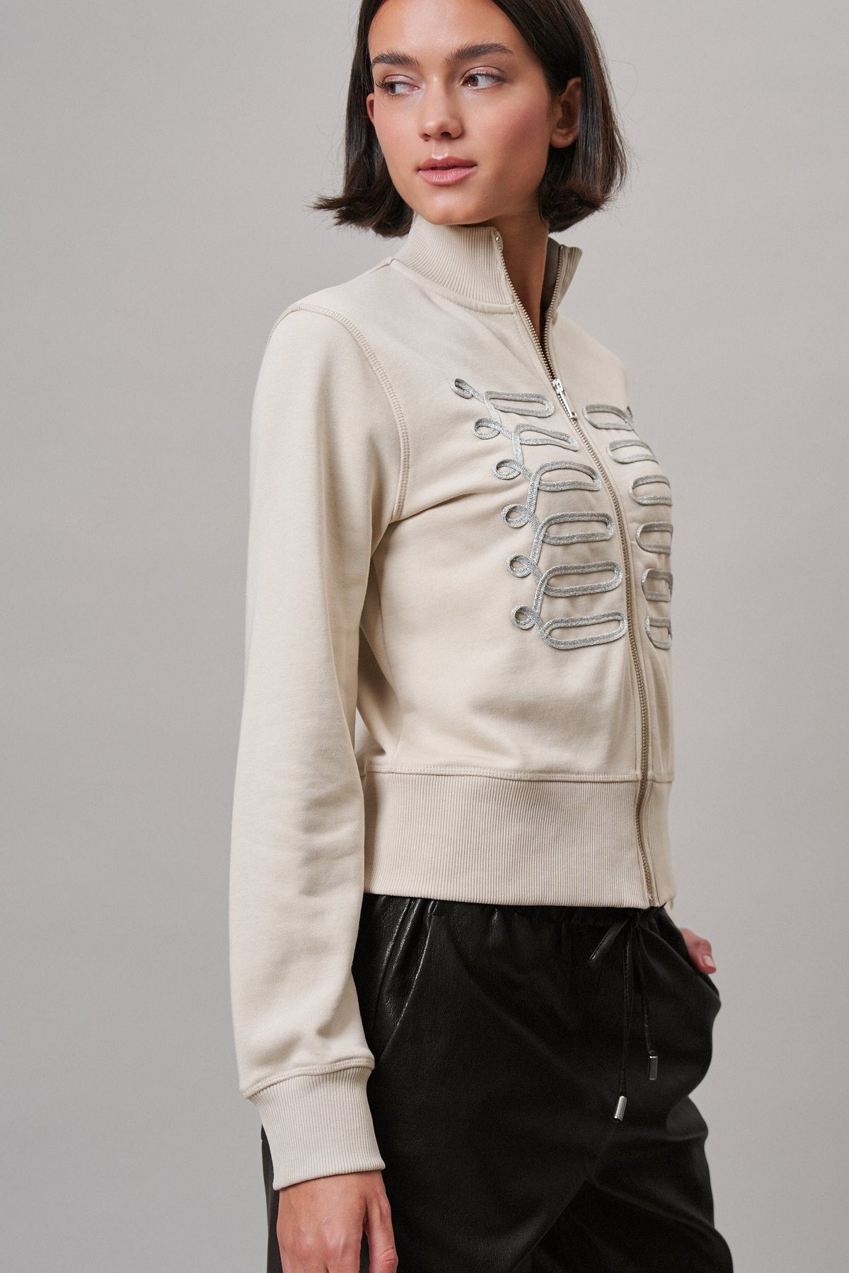 Military Band Glitter Trim Zip-Up Sweatshirt Jacket in Khaki - Women's Jackets & Blazers | Urban Daizy