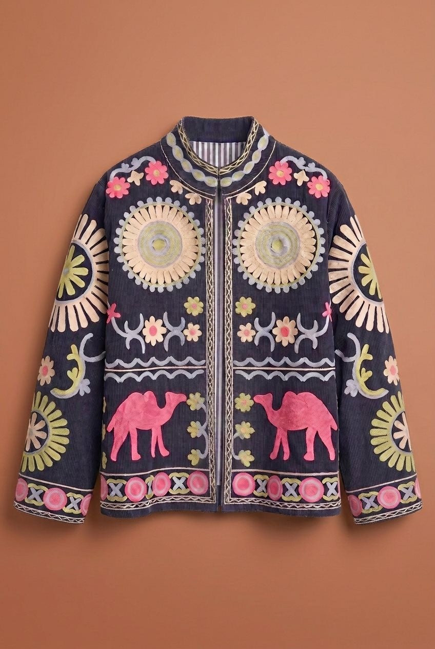 Suzani Embroidered Corduroy Jacket in Navy - Women's Jackets & Blazers | Urban Daizy