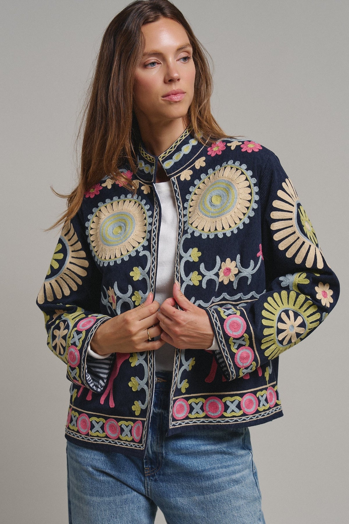 Suzani Embroidered Corduroy Jacket in Navy - Women's Jackets & Blazers | Urban Daizy