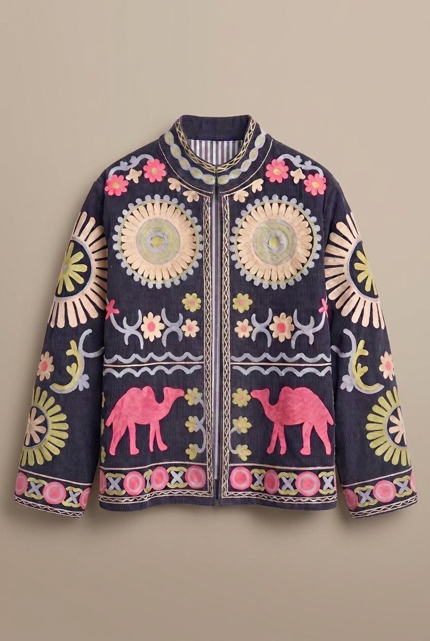 Suzani Embroidered Corduroy Jacket in Navy - Women's Jackets & Blazers | Urban Daizy