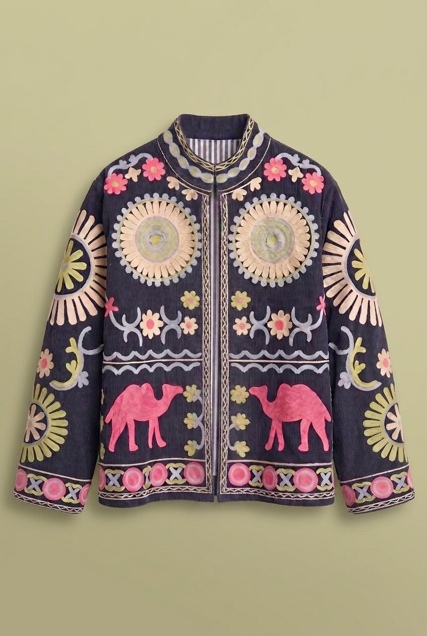 Suzani Embroidered Corduroy Jacket in Navy - Women's Jackets & Blazers | Urban Daizy