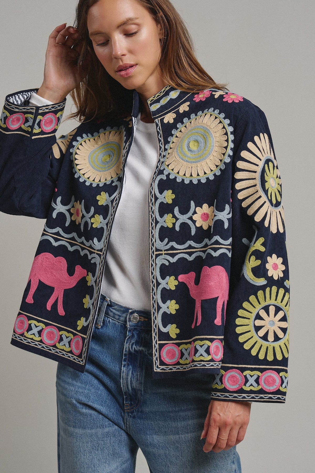 Suzani Embroidered Corduroy Jacket in Navy - Women's Jackets & Blazers | Urban Daizy