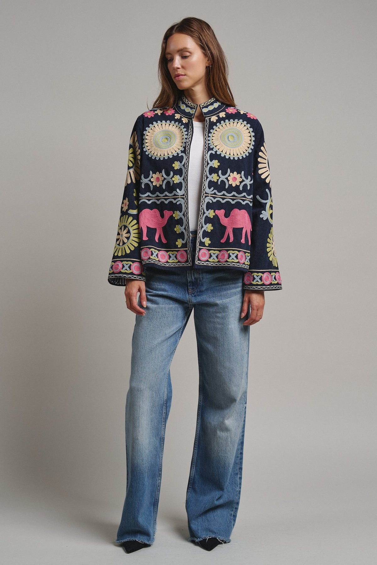 Suzani Embroidered Corduroy Jacket in Navy - Women's Jackets & Blazers | Urban Daizy