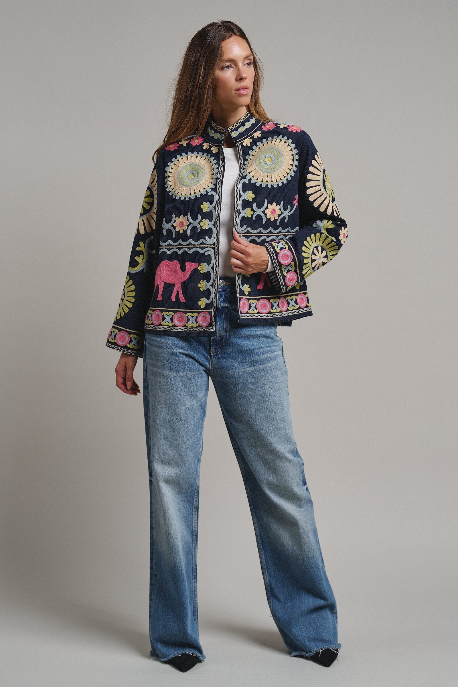 Suzani Embroidered Corduroy Jacket in Navy - Women's Jackets & Blazers | Urban Daizy