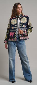 Suzani Embroidered Corduroy Jacket in Navy - Women's Jackets & Blazers | Urban Daizy
