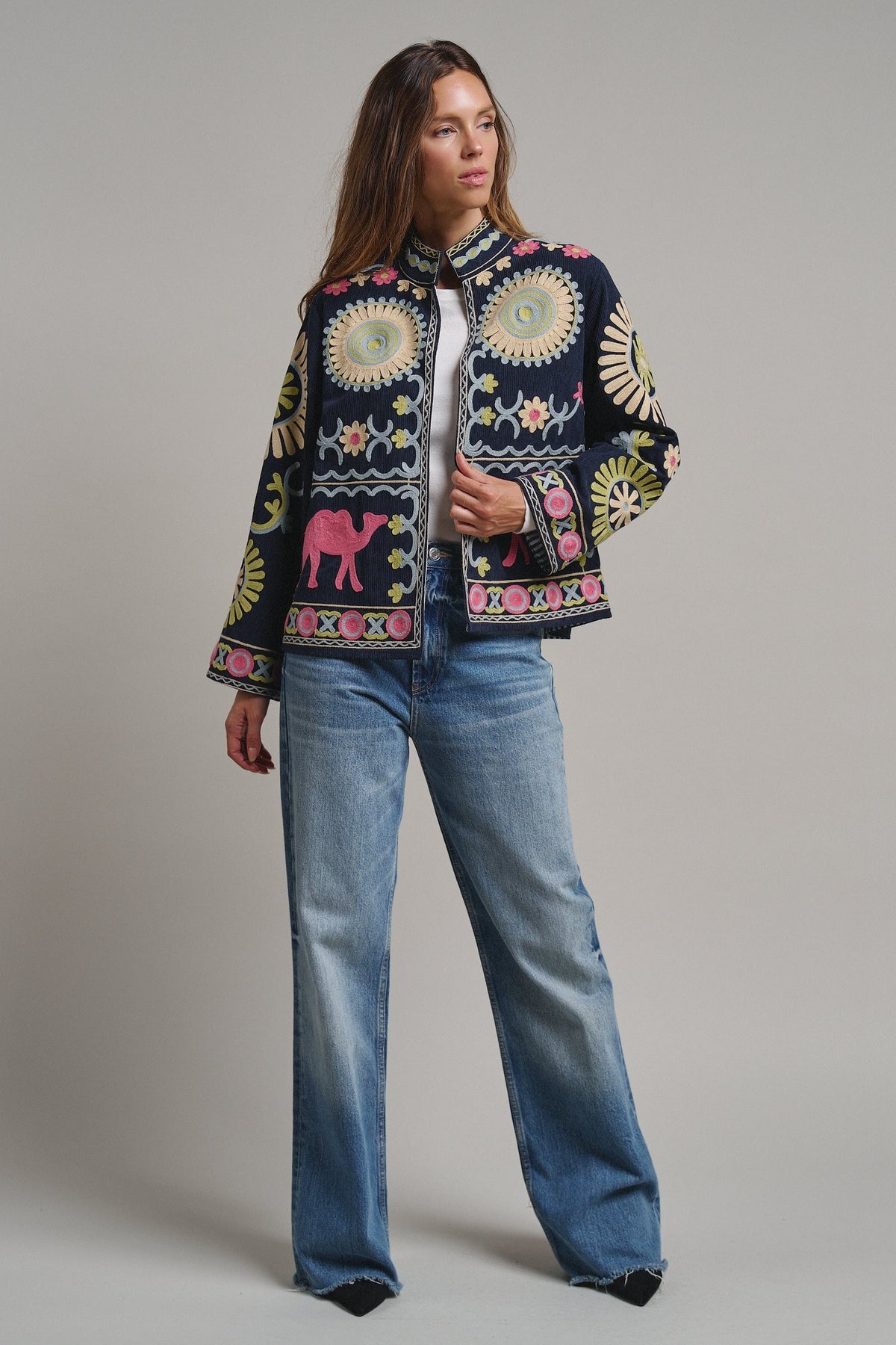 Suzani Embroidered Corduroy Jacket in Navy - Women's Jackets & Blazers | Urban Daizy