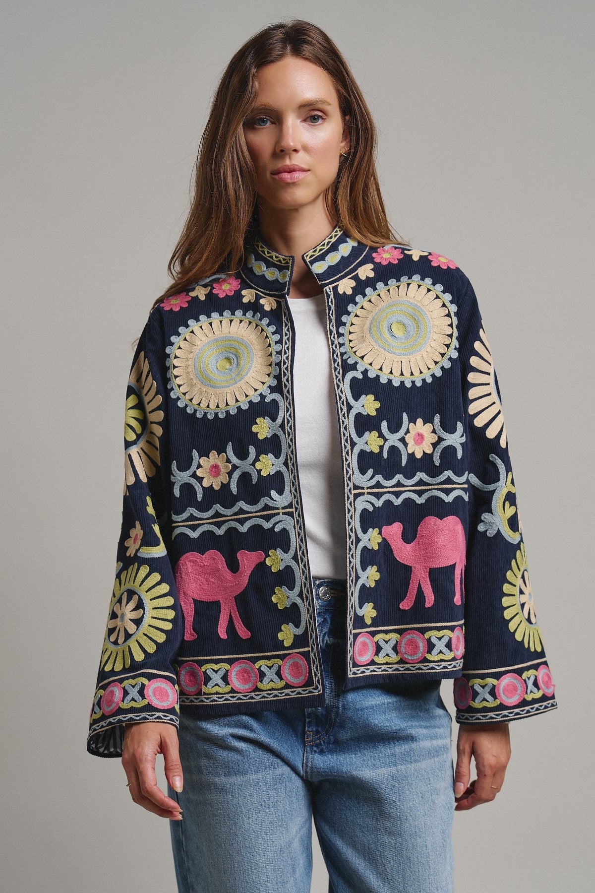 Suzani Embroidered Corduroy Jacket in Navy - Women's Jackets & Blazers | Urban Daizy