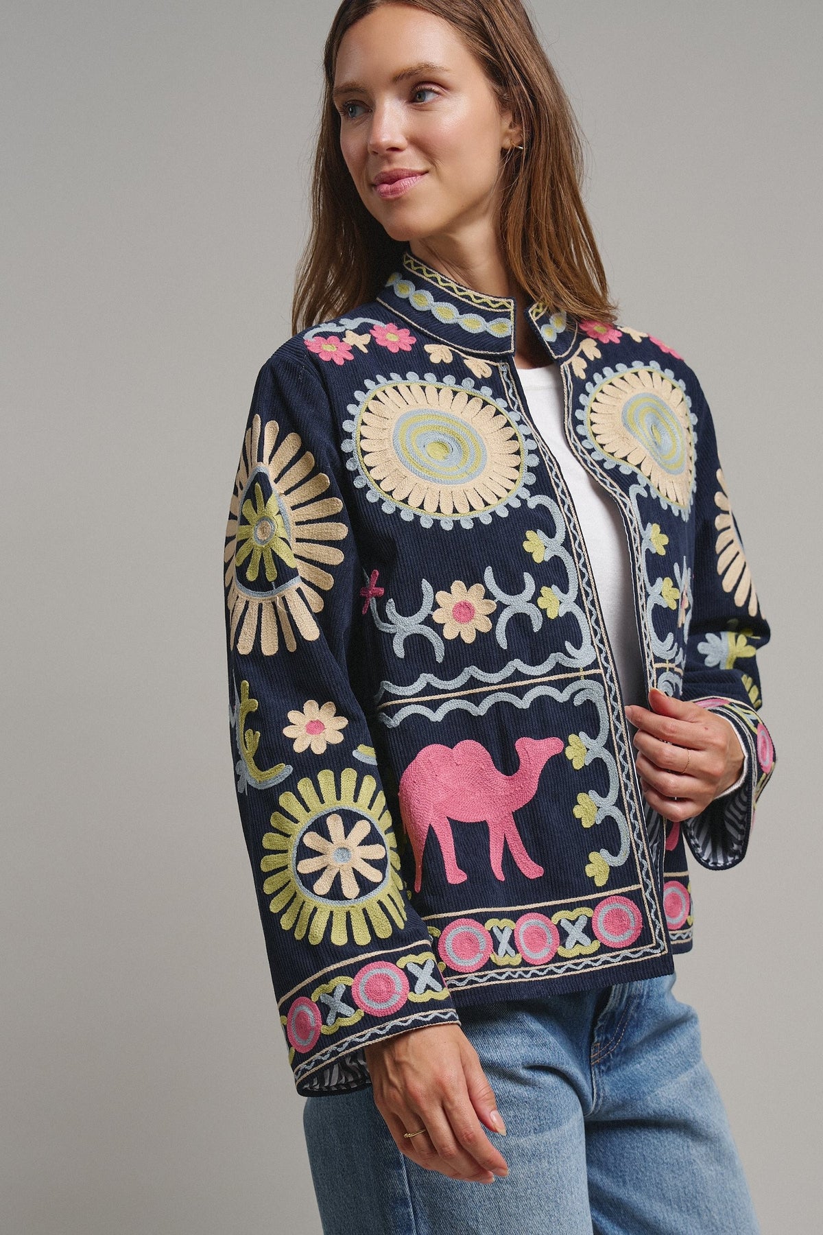 Suzani Embroidered Corduroy Jacket in Navy - Women's Jackets & Blazers | Urban Daizy