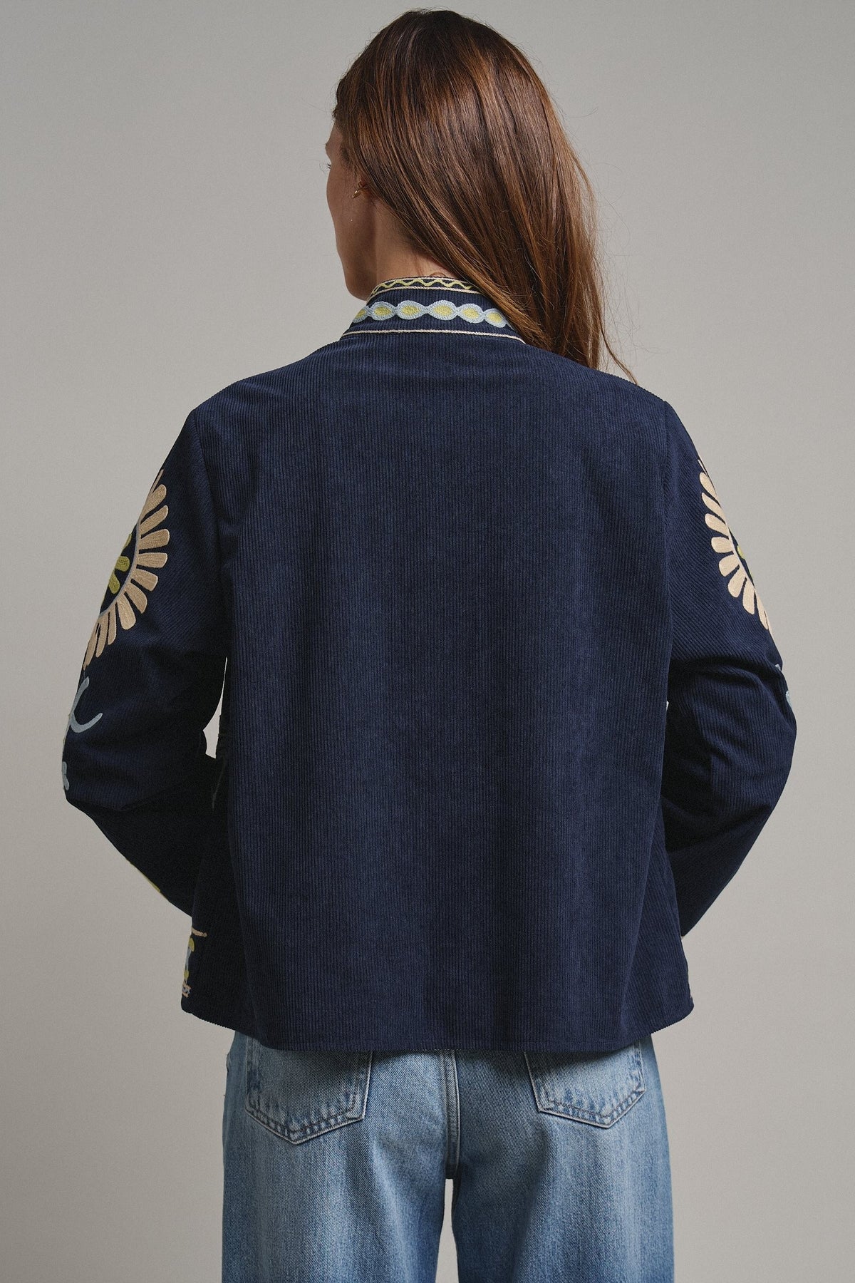 Suzani Embroidered Corduroy Jacket in Navy - Women's Jackets & Blazers | Urban Daizy