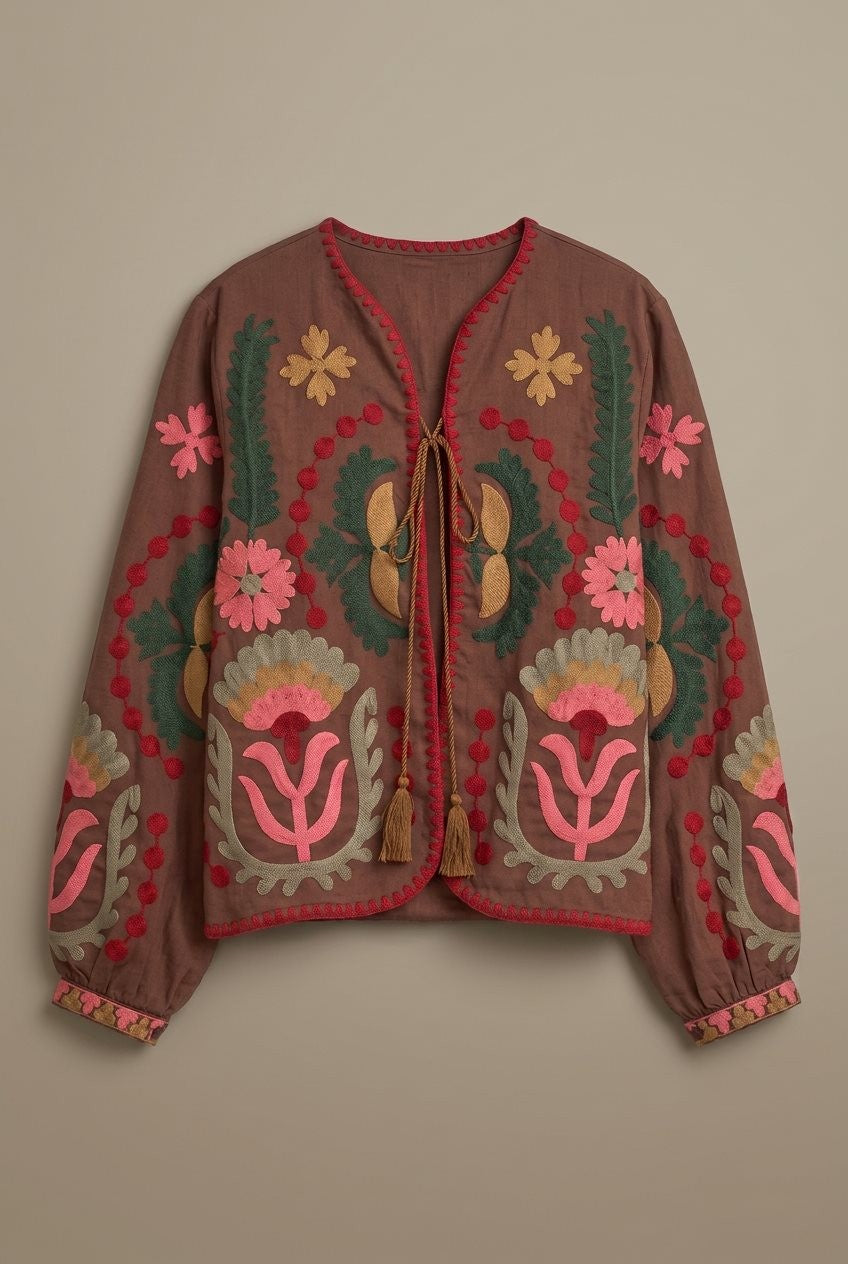 Folk Bloom Embroidered Jacket in Brown - Women's Jackets & Blazers | Urban Daizy
