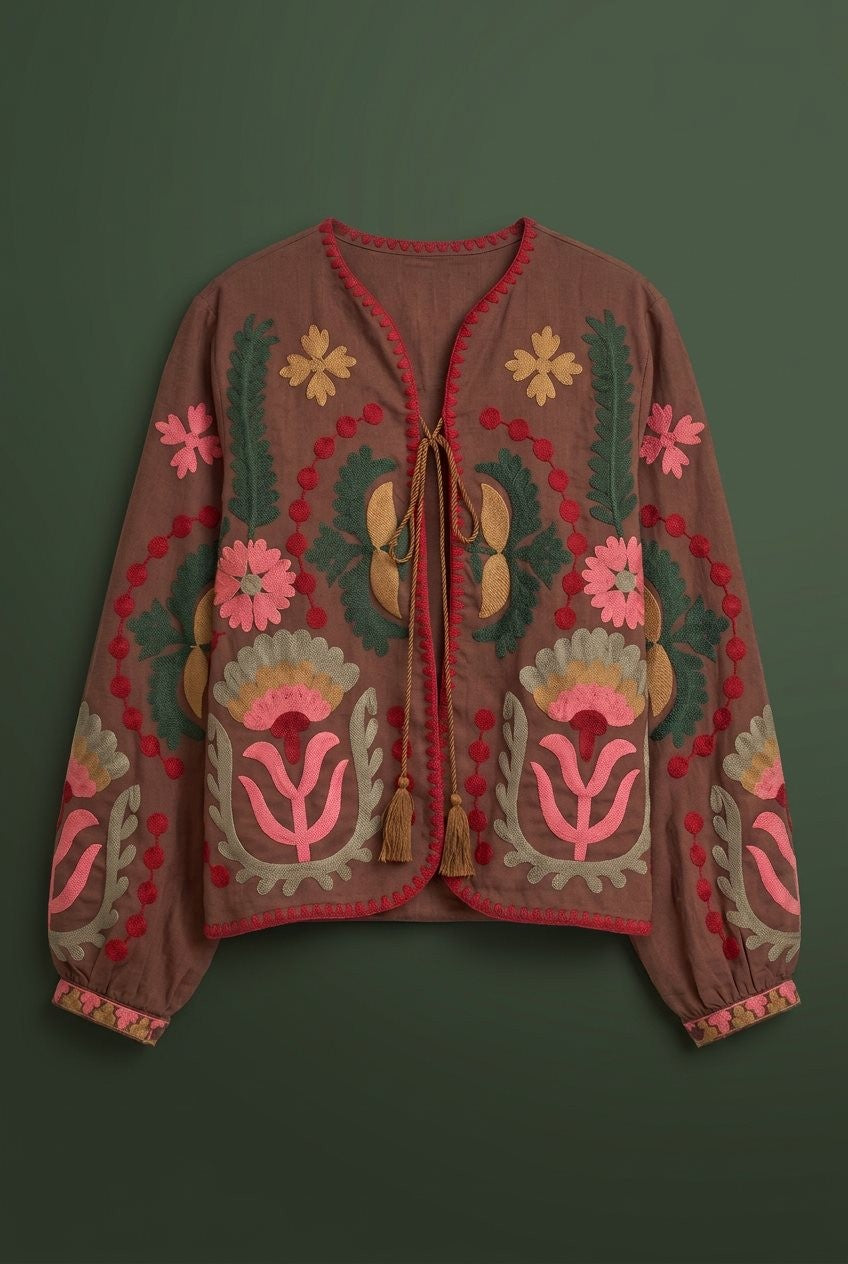Folk Bloom Embroidered Jacket in Brown - Women's Jackets & Blazers | Urban Daizy