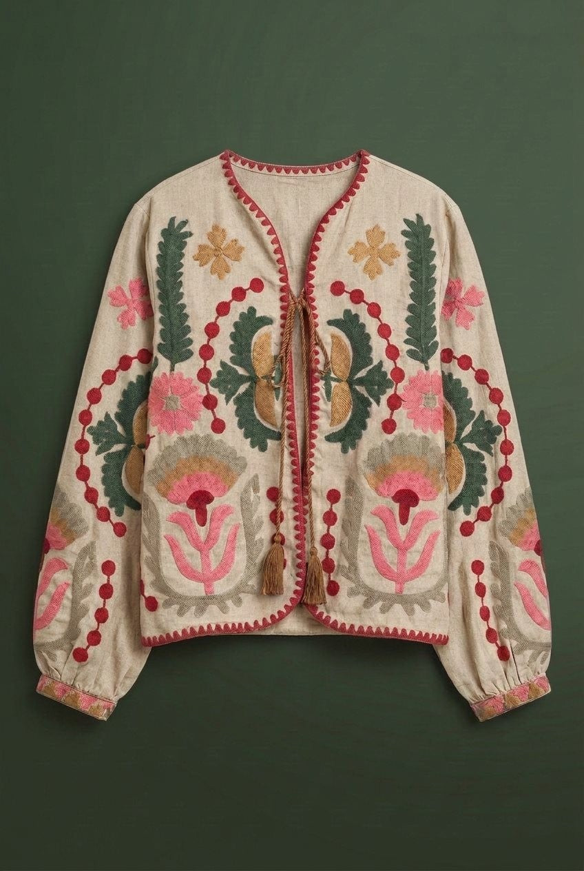 Folk Bloom Embroidered Jacket in Ivory - Women's Jackets & Blazers | Urban Daizy