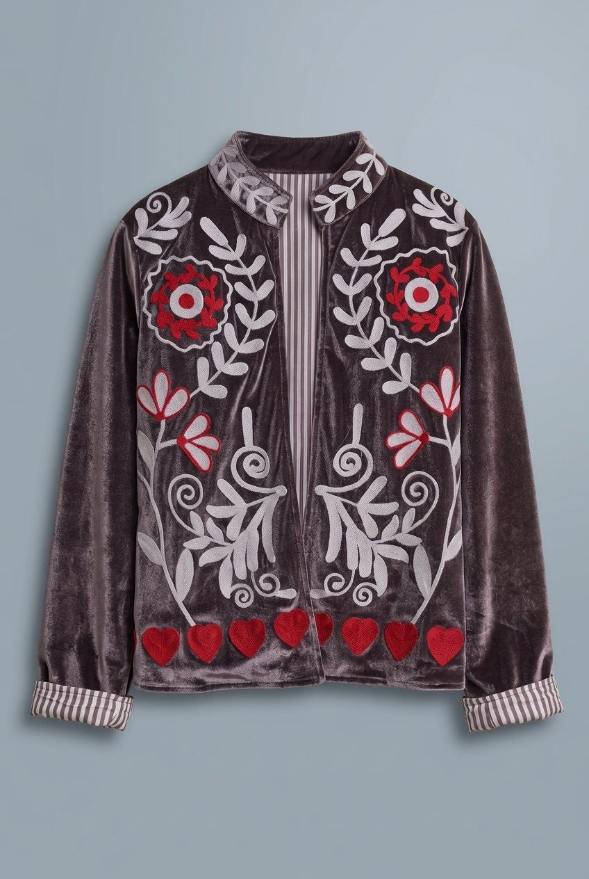 Heirloom Embroidered Velvet Jacket in Grey - Women's Jackets & Blazers | Urban Daizy