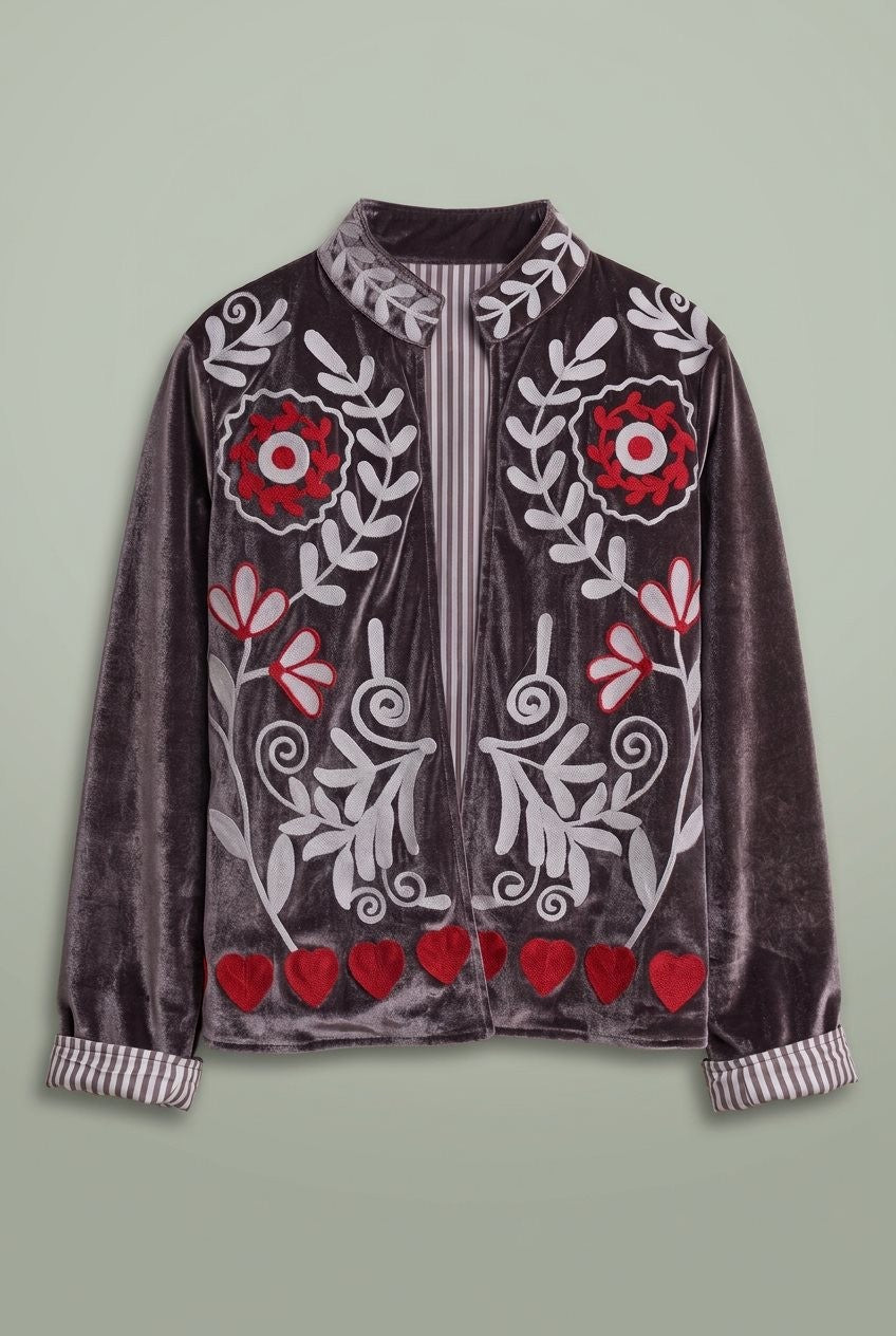 Heirloom Embroidered Velvet Jacket in Grey - Women's Jackets & Blazers | Urban Daizy