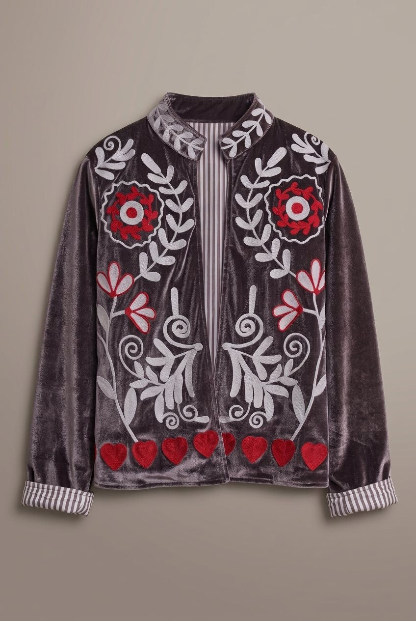 Heirloom Embroidered Velvet Jacket in Grey - Women's Jackets & Blazers | Urban Daizy