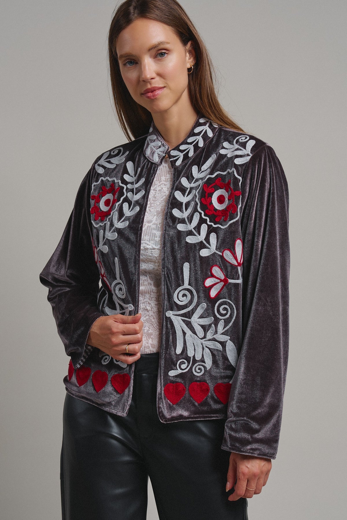 Heirloom Embroidered Velvet Jacket in Grey - Women's Jackets & Blazers | Urban Daizy