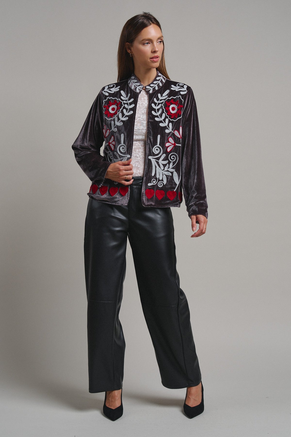 Heirloom Embroidered Velvet Jacket in Grey - Women's Jackets & Blazers | Urban Daizy