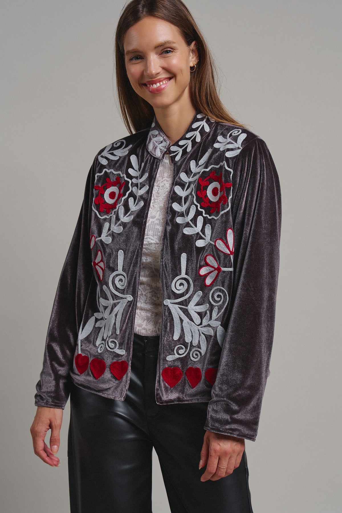 Heirloom Embroidered Velvet Jacket in Grey - Women's Jackets & Blazers | Urban Daizy