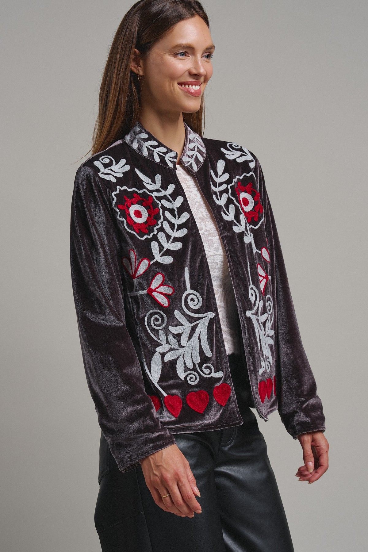 Heirloom Embroidered Velvet Jacket in Grey - Women's Jackets & Blazers | Urban Daizy