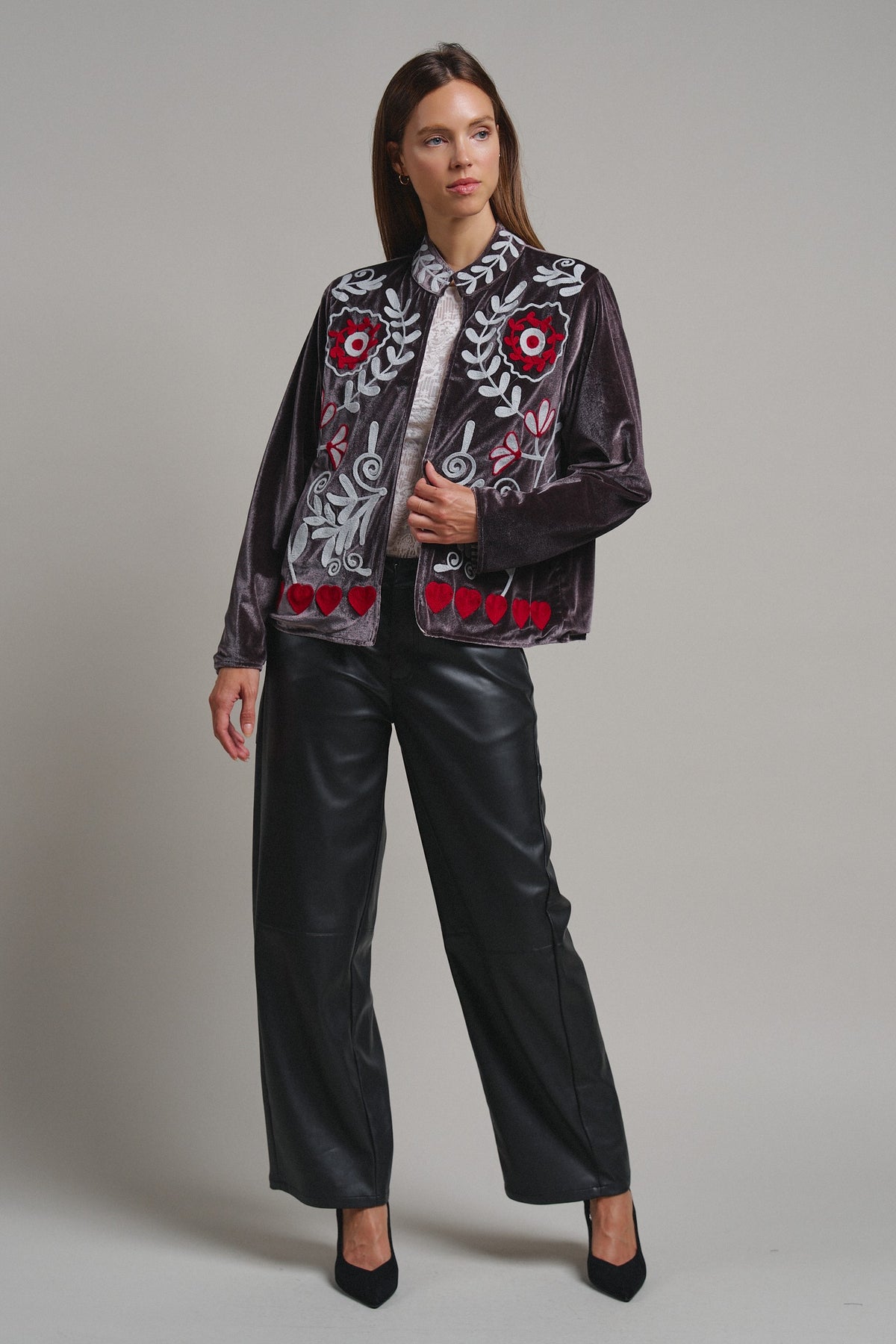Heirloom Embroidered Velvet Jacket in Grey - Women's Jackets & Blazers | Urban Daizy