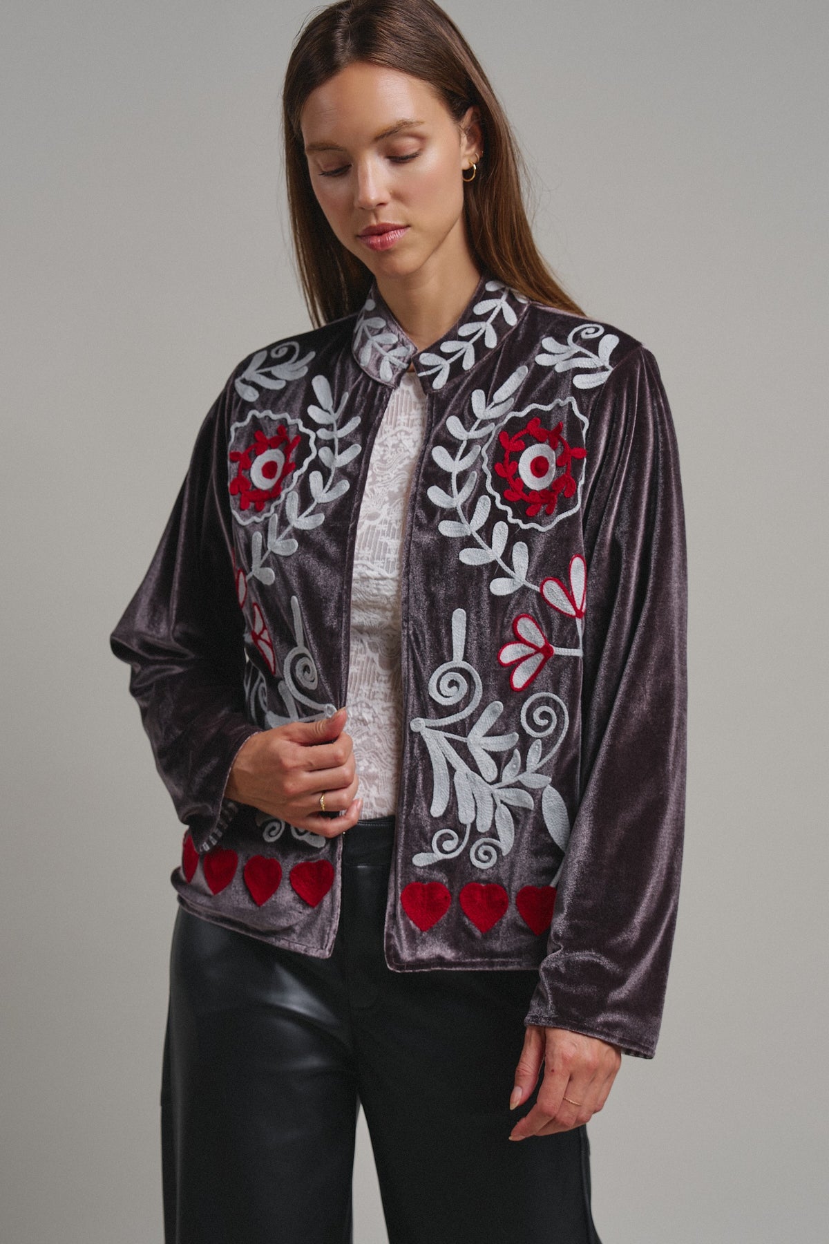 Heirloom Embroidered Velvet Jacket in Grey - Women's Jackets & Blazers | Urban Daizy