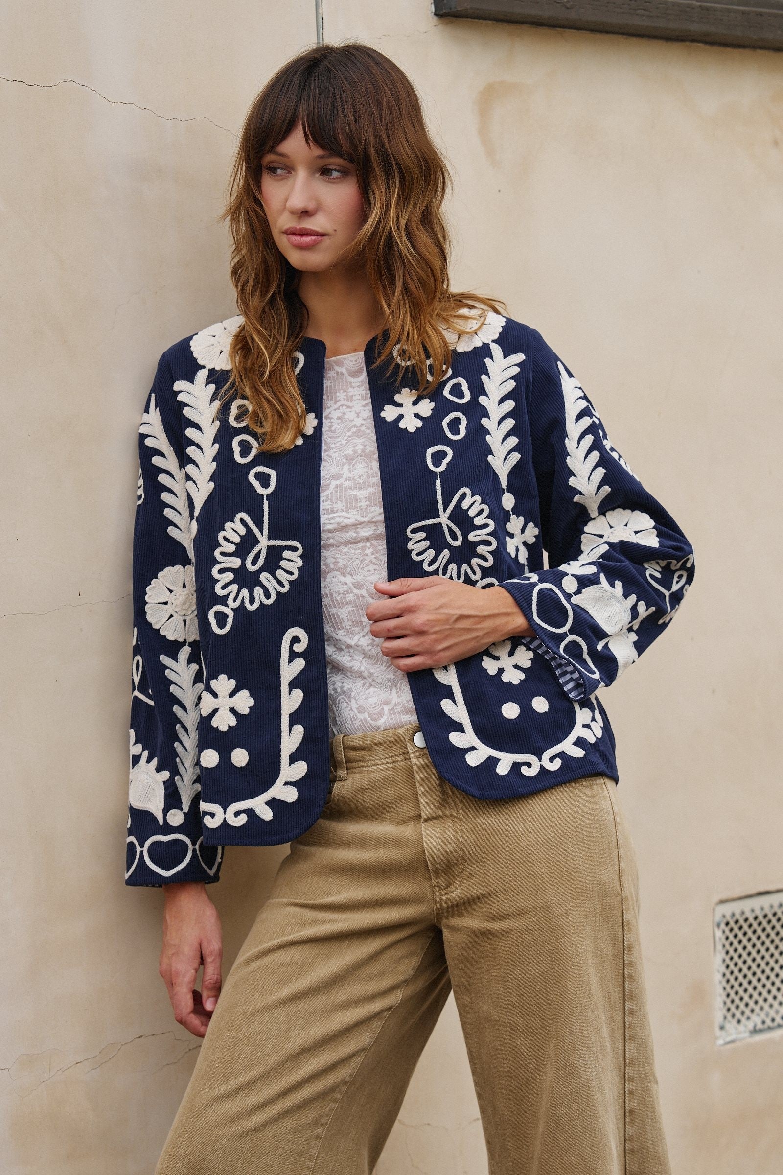 Heirloom Stitch Corduroy Jacket in Navy - Women's Jackets & Blazers | Urban Daizy