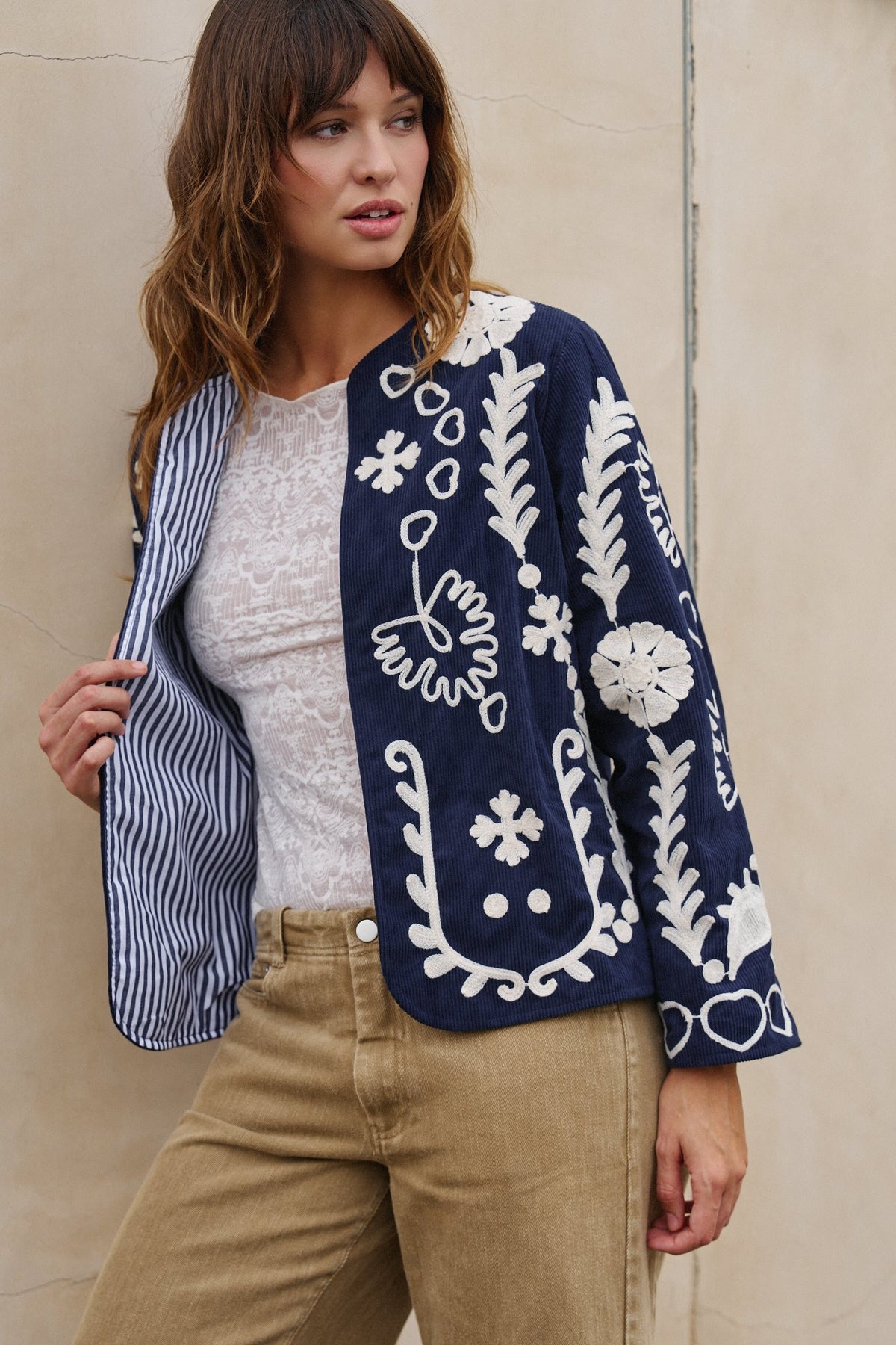 Heirloom Stitch Corduroy Jacket in Navy - Women's Jackets & Blazers | Urban Daizy