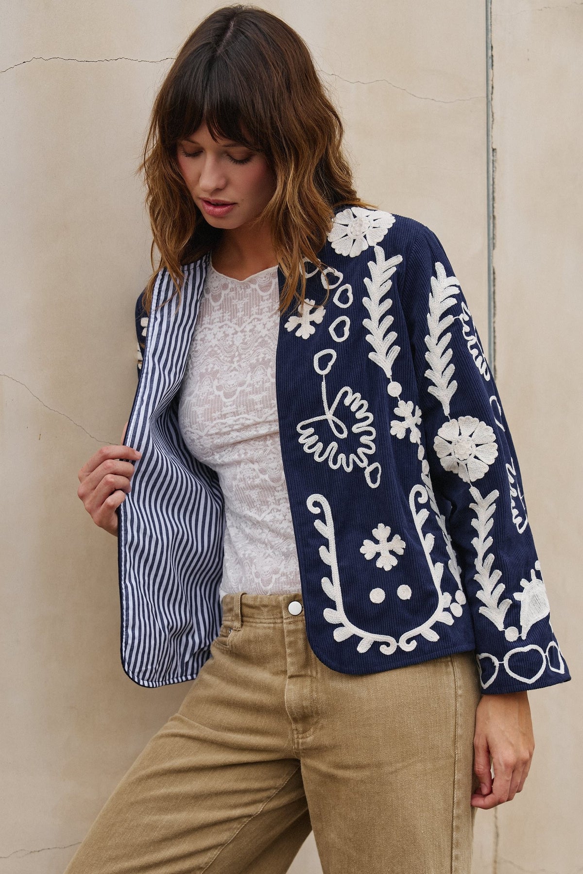 Heirloom Stitch Corduroy Jacket in Navy - Women's Jackets & Blazers | Urban Daizy