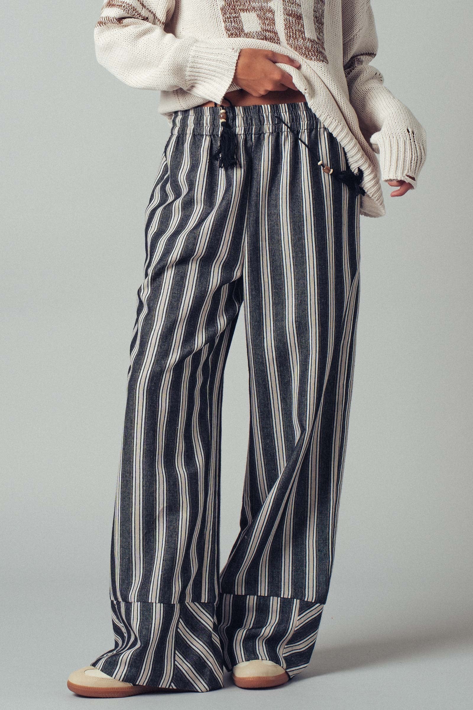 Wide Leg Striped Pants with Drawstring Tassel in Black - Women's Casual Pants | Urban Daizy