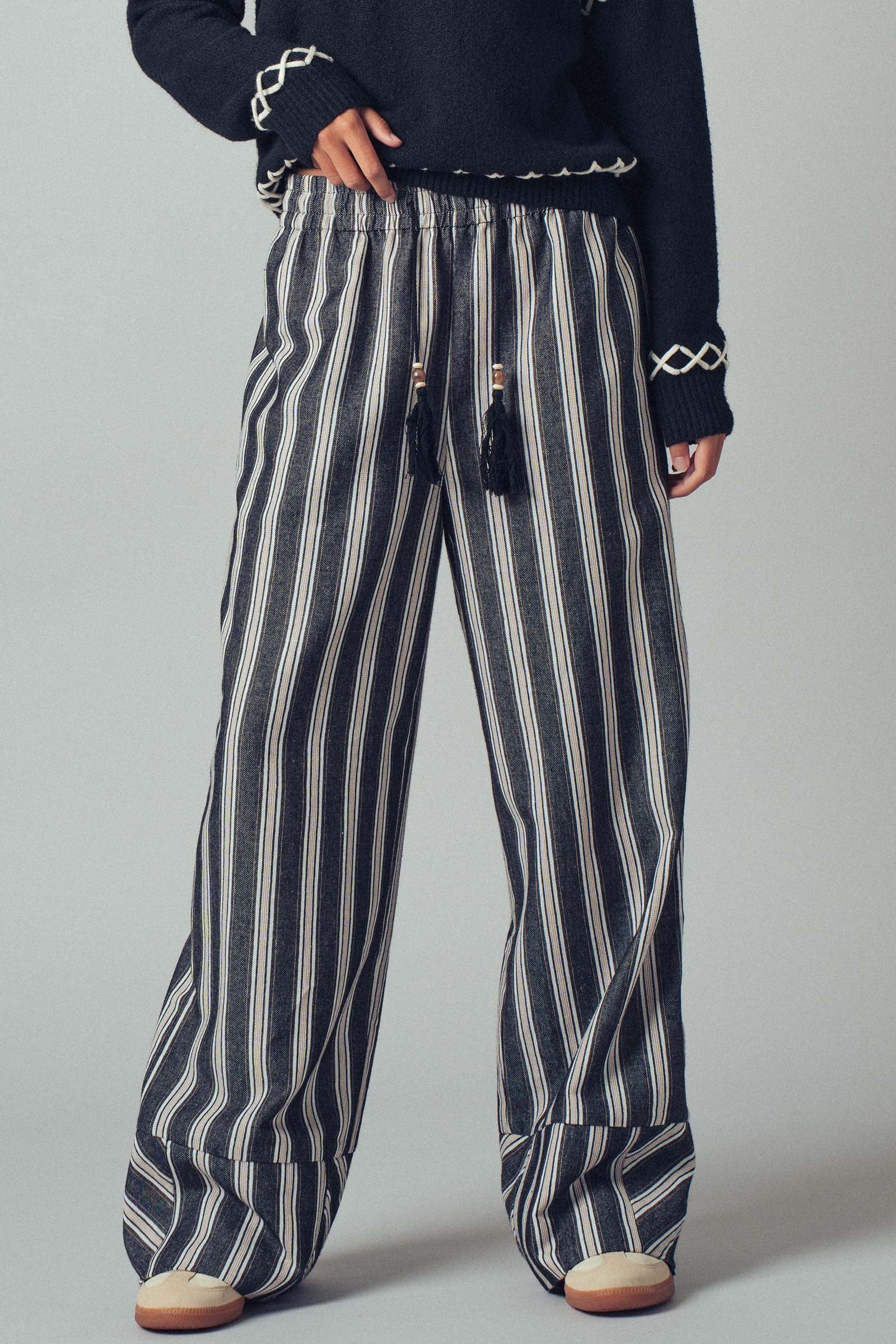 Wide Leg Striped Pants with Drawstring Tassel in Black - Women's Casual Pants | Urban Daizy