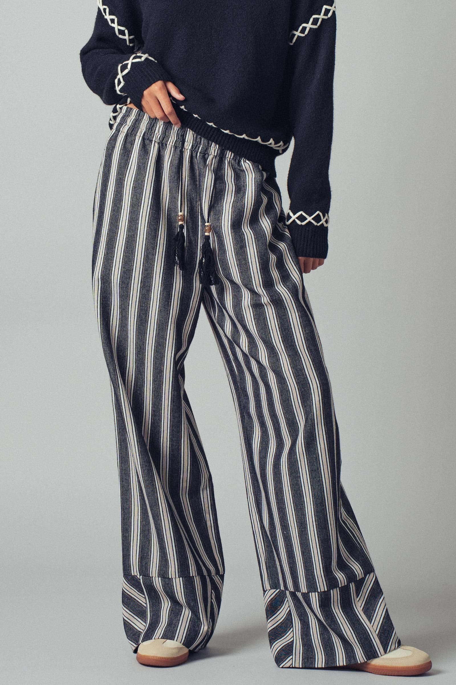 Wide Leg Striped Pants with Drawstring Tassel in Black - Women's Casual Pants | Urban Daizy