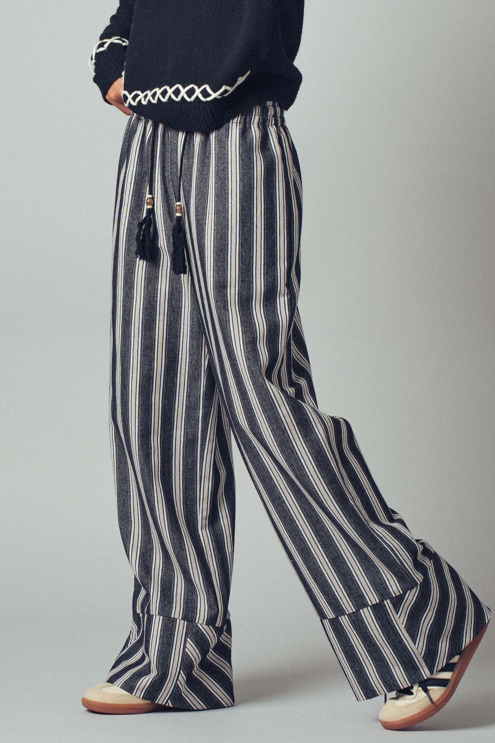 Wide Leg Striped Pants with Drawstring Tassel in Black - Women's Casual Pants | Urban Daizy