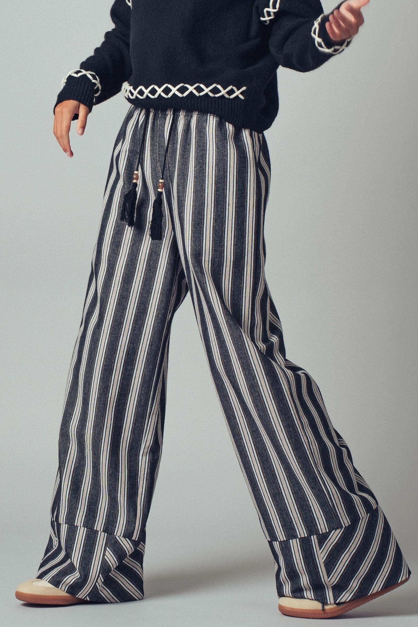 Wide Leg Striped Pants with Drawstring Tassel in Black - Women's Casual Pants | Urban Daizy