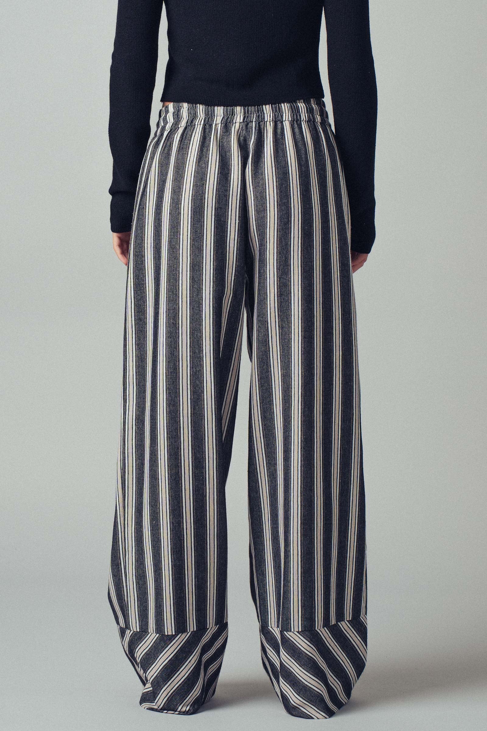 Wide Leg Striped Pants with Drawstring Tassel in Black - Women's Casual Pants | Urban Daizy