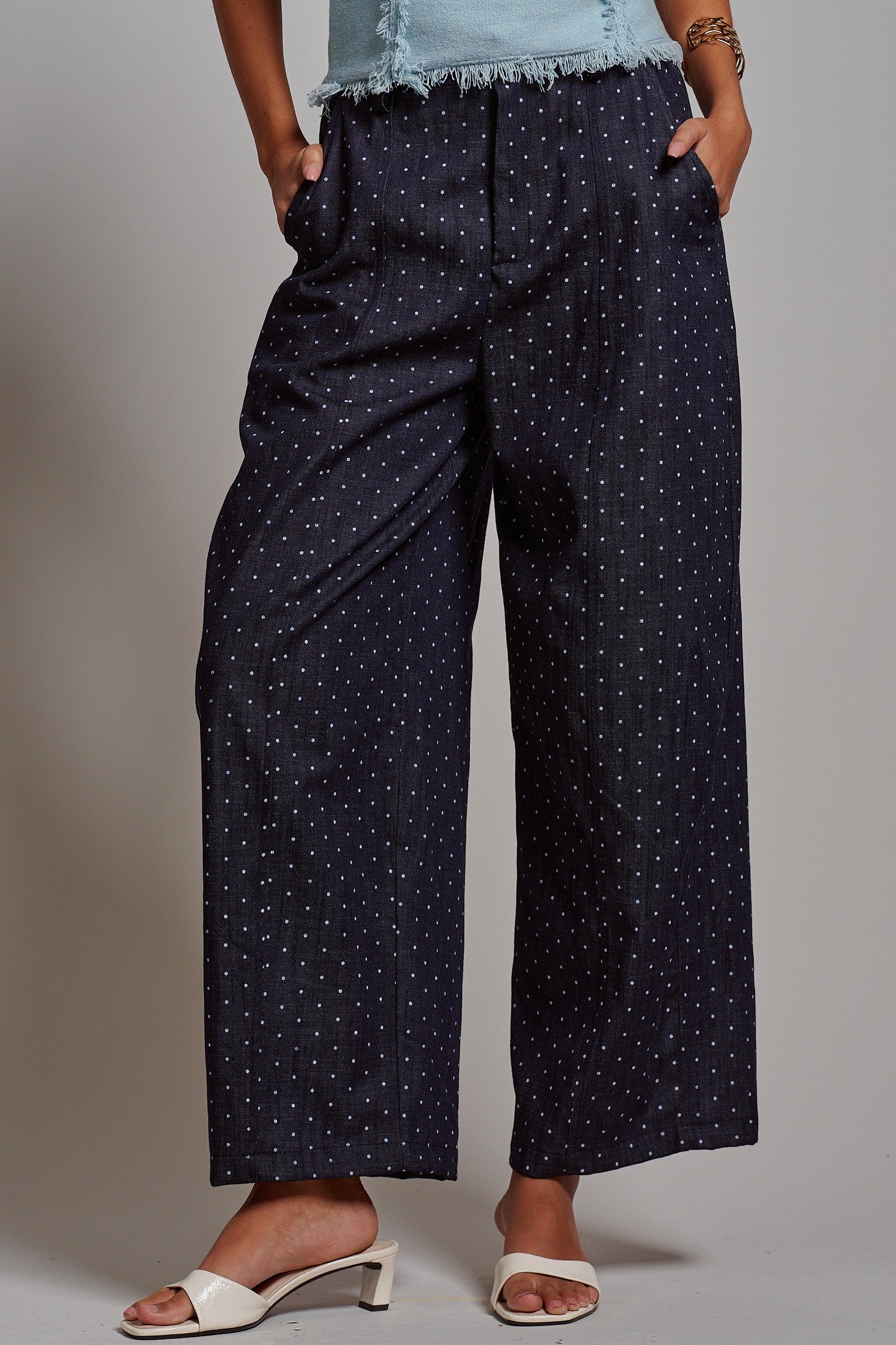 Polka Dot High-Rise Wide-Leg Dress Pants in Dk Denim - Women's Pants | Urban Daizy