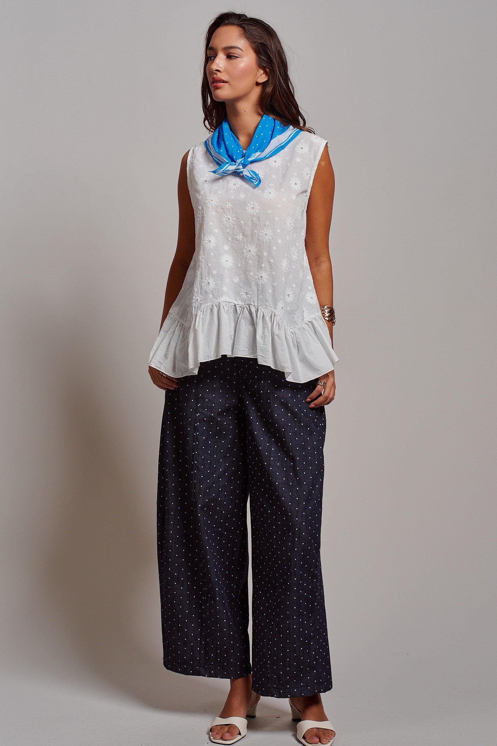 Polka Dot High-Rise Wide-Leg Dress Pants in Dk Denim - Women's Pants | Urban Daizy