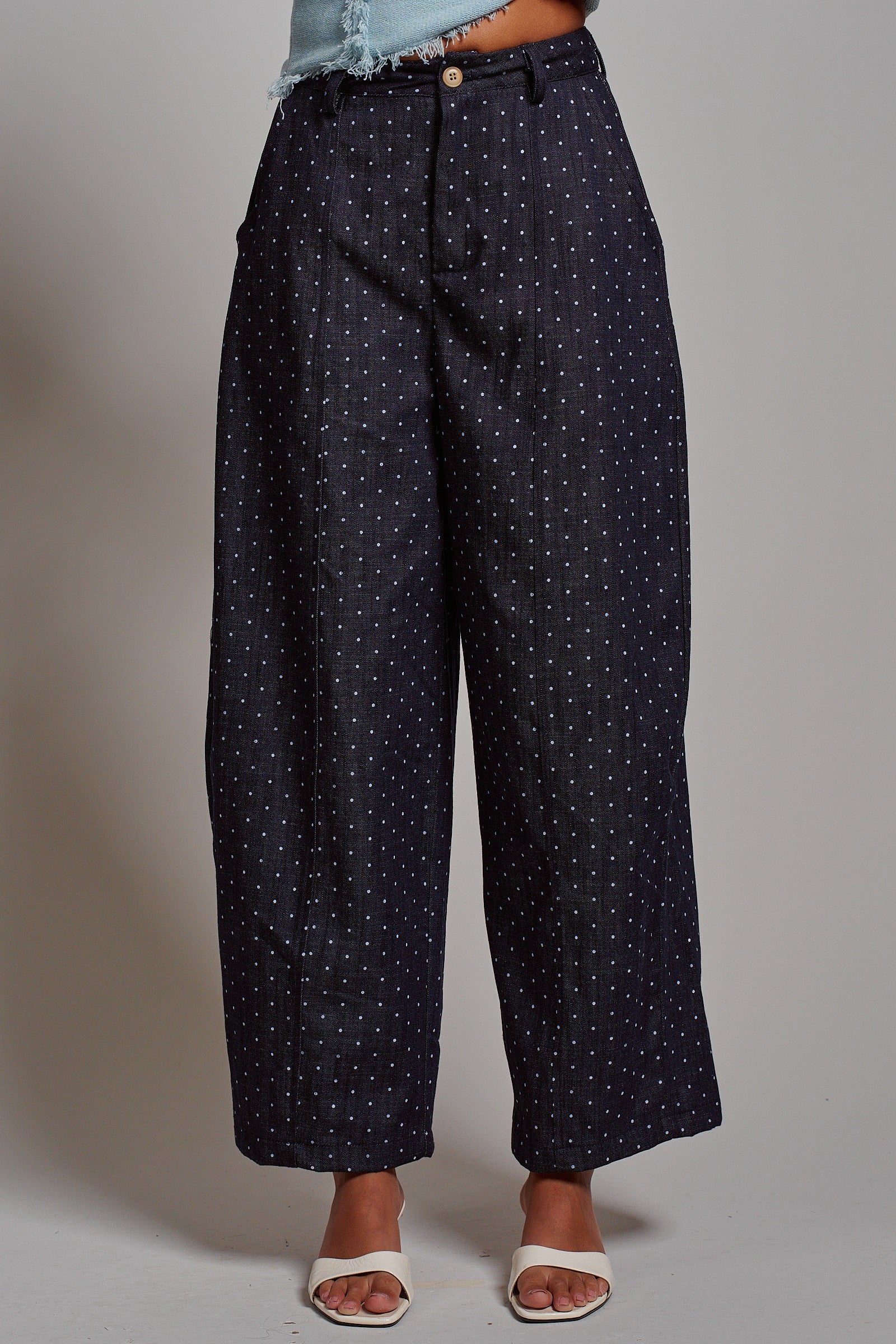 Polka Dot High-Rise Wide-Leg Dress Pants in Dk Denim - Women's Pants | Urban Daizy