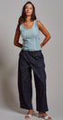 Polka Dot High-Rise Wide-Leg Dress Pants in Dk Denim - Women's Pants | Urban Daizy