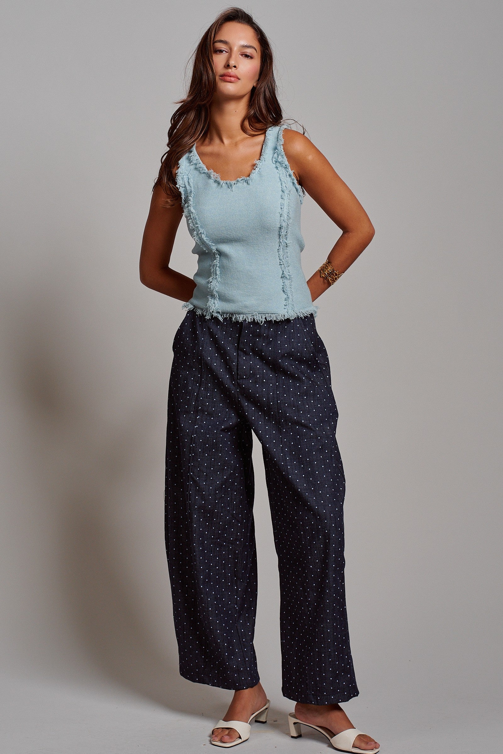 Polka Dot High-Rise Wide-Leg Dress Pants in Dk Denim - Women's Pants | Urban Daizy