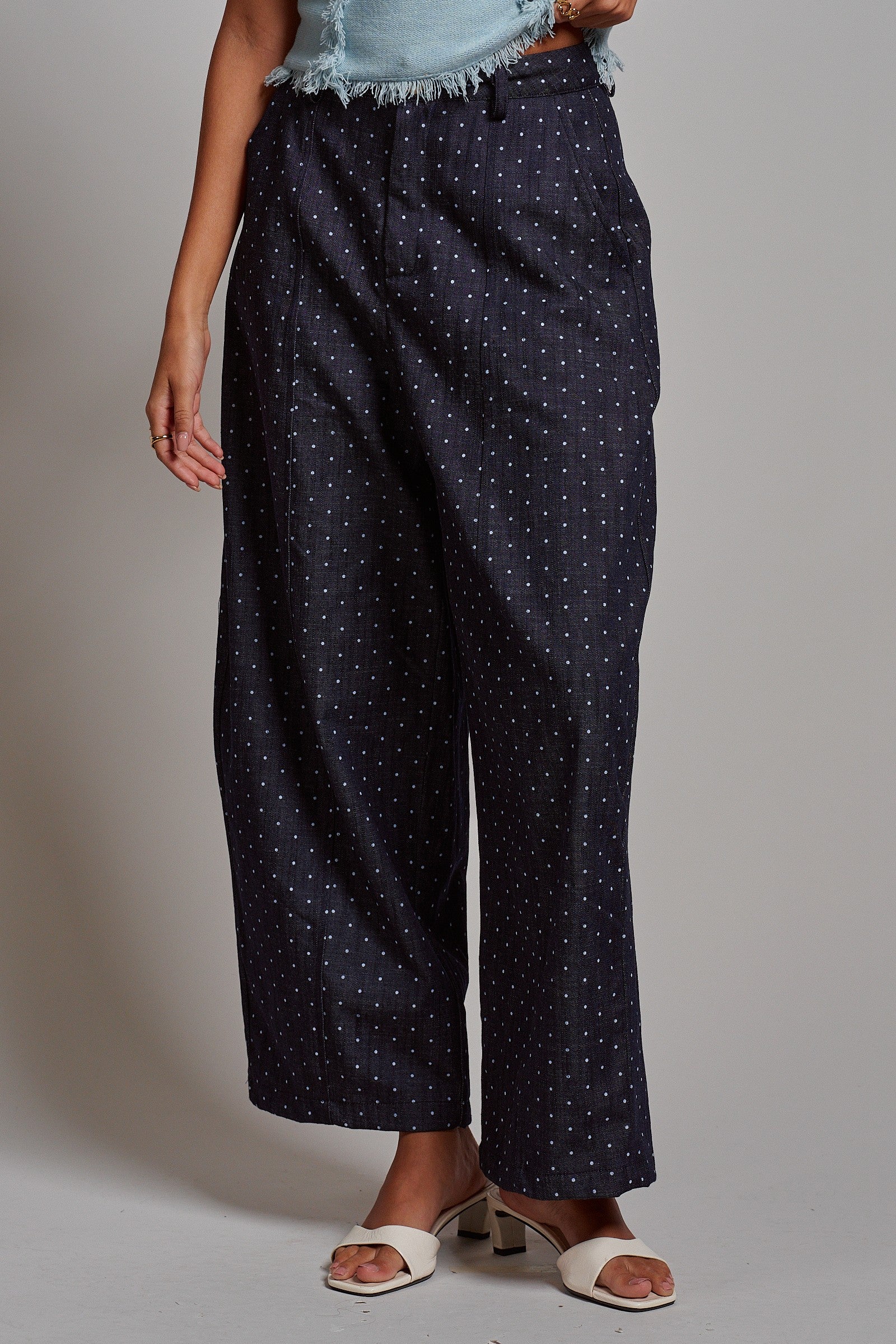 Polka Dot High-Rise Wide-Leg Dress Pants in Dk Denim - Women's Pants | Urban Daizy