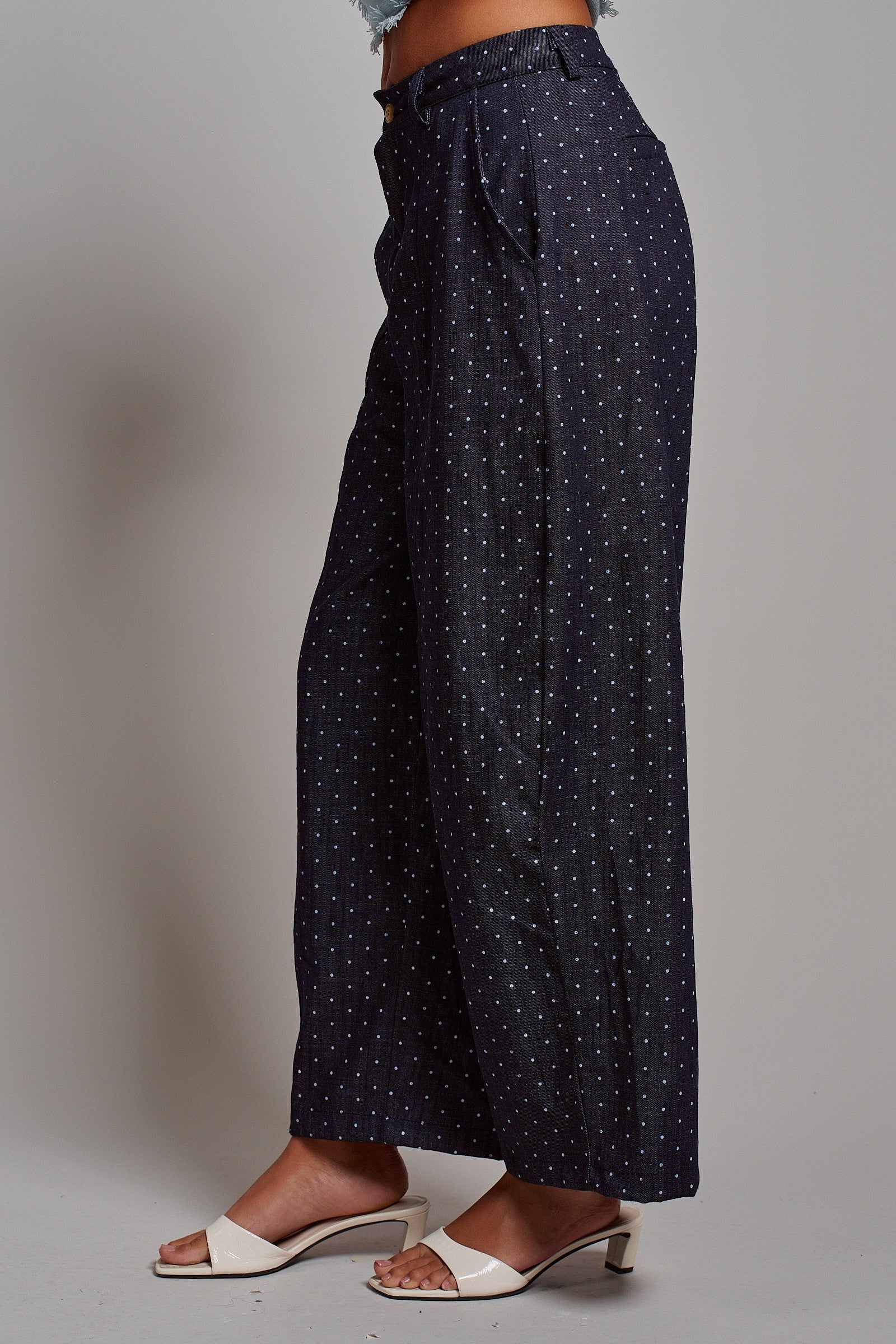 Polka Dot High-Rise Wide-Leg Dress Pants in Dk Denim - Women's Pants | Urban Daizy